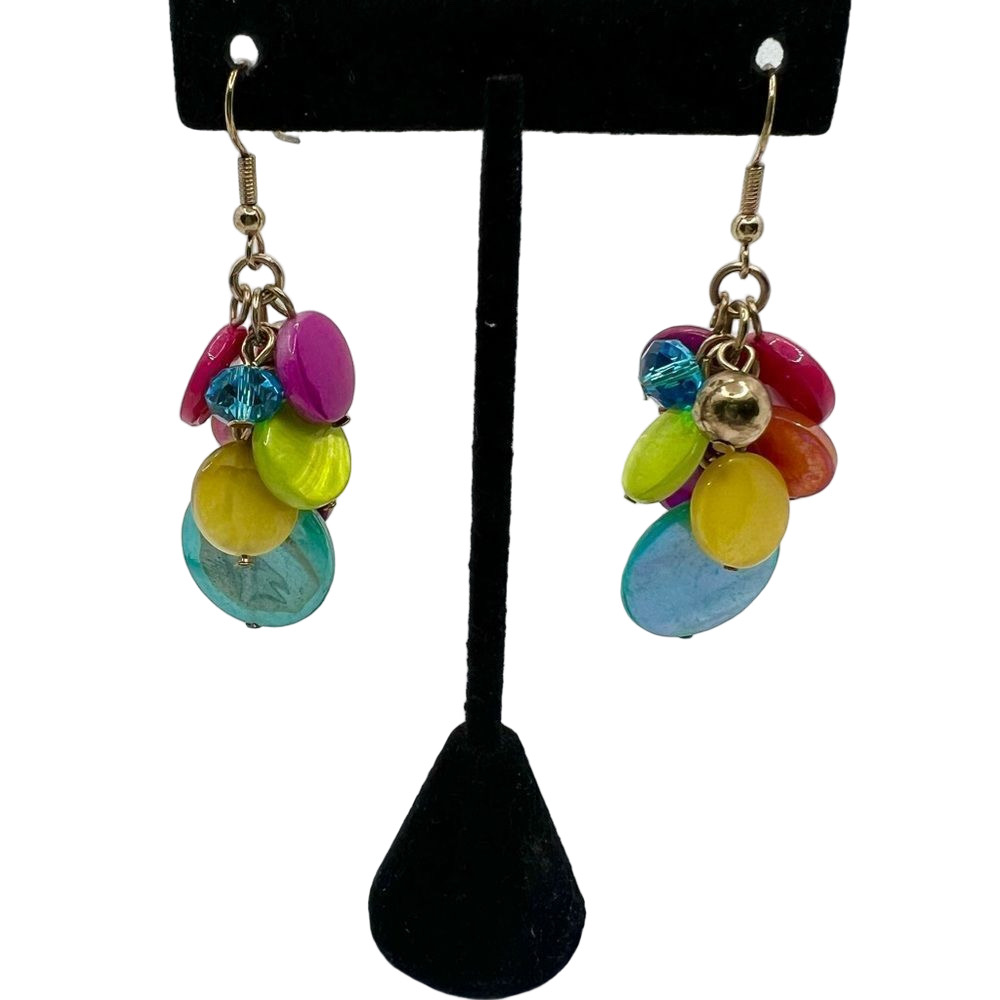 Rainbow multicolor disc and bead dangle drop earrings